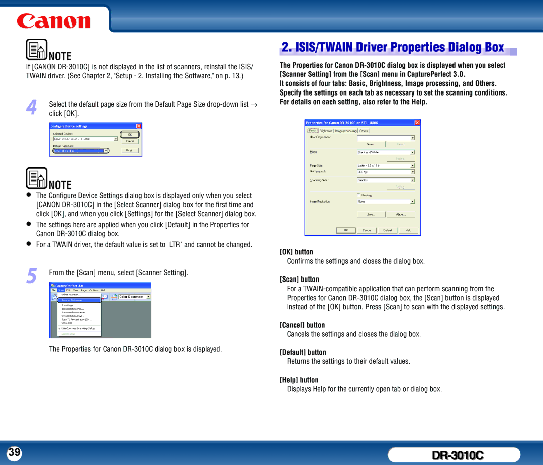 Canon DR-3010C user manual ISIS/TWAIN Driver Properties Dialog Box 