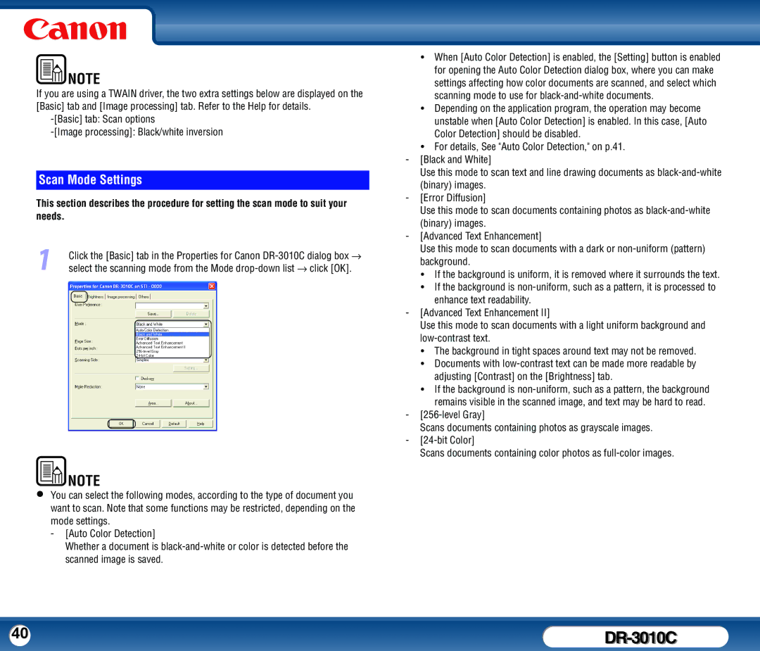 Canon DR-3010C user manual Scan Mode Settings, Mode settings, Auto Color Detection, Scanned image is saved 