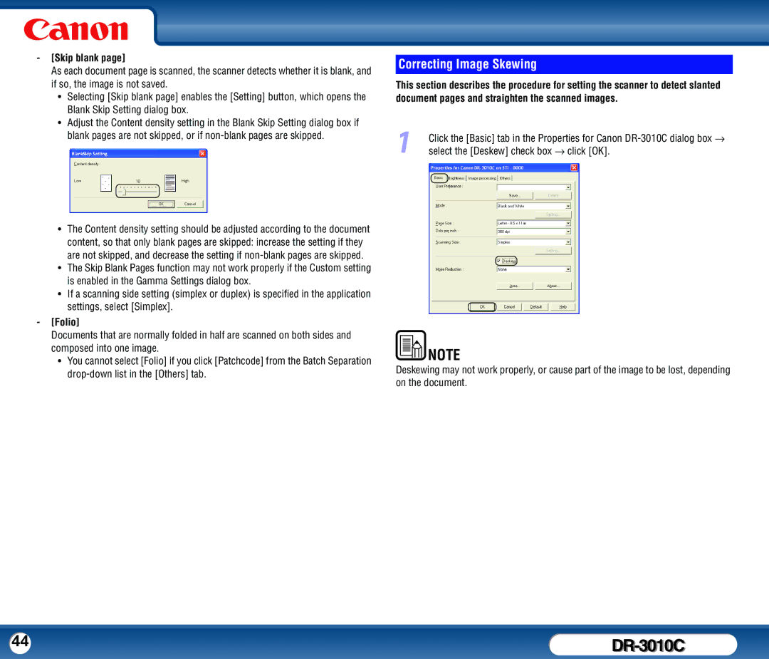 Canon DR-3010C user manual Correcting Image Skewing, Skip blank, Folio 