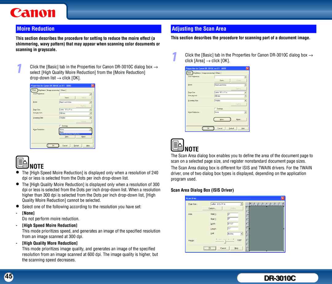 Canon DR-3010C user manual Moire Reduction, Adjusting the Scan Area 