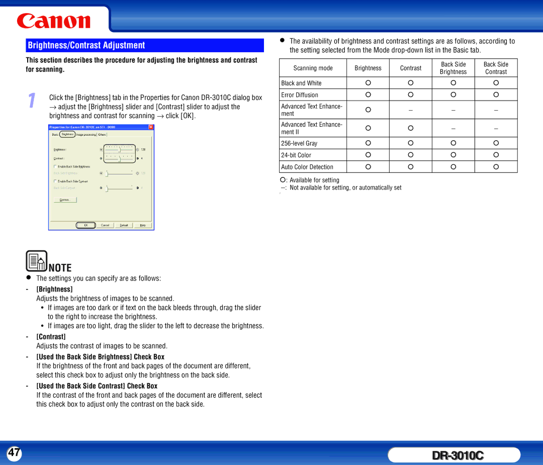 Canon DR-3010C user manual Brightness/Contrast Adjustment, Adjusts the contrast of images to be scanned 