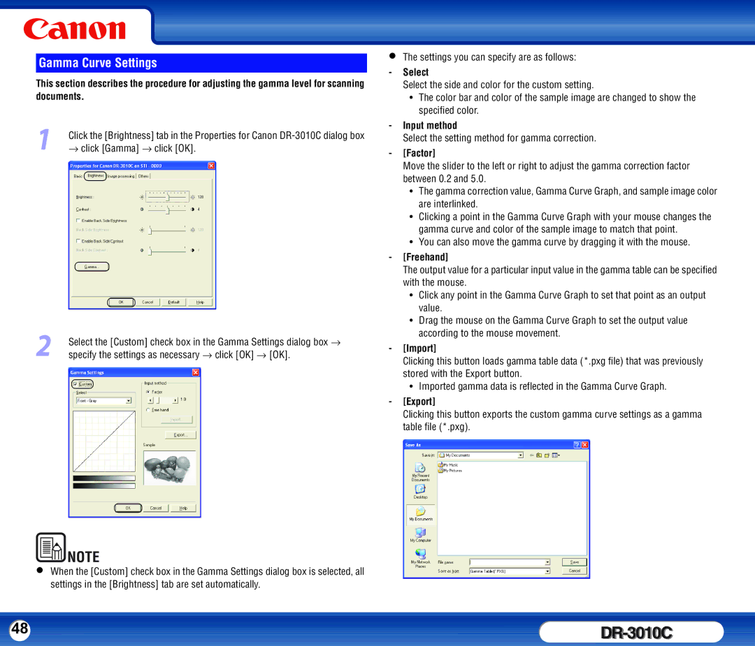 Canon DR-3010C user manual Gamma Curve Settings 