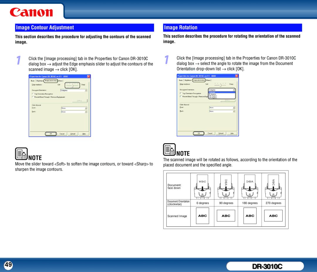 Canon DR-3010C user manual Image Contour Adjustment, Image Rotation 