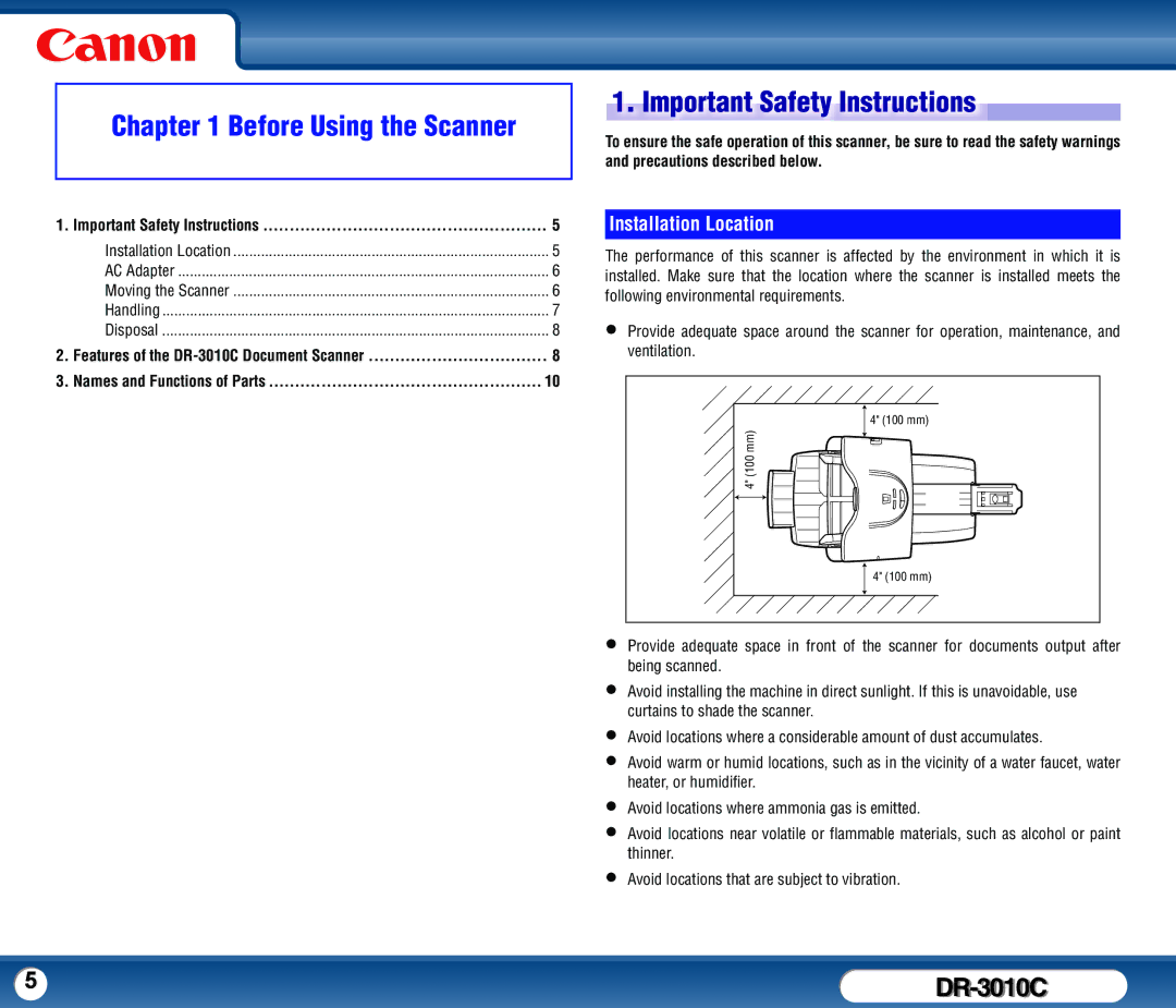 Canon DR-3010C user manual Important Safety Instructions, Installation Location 