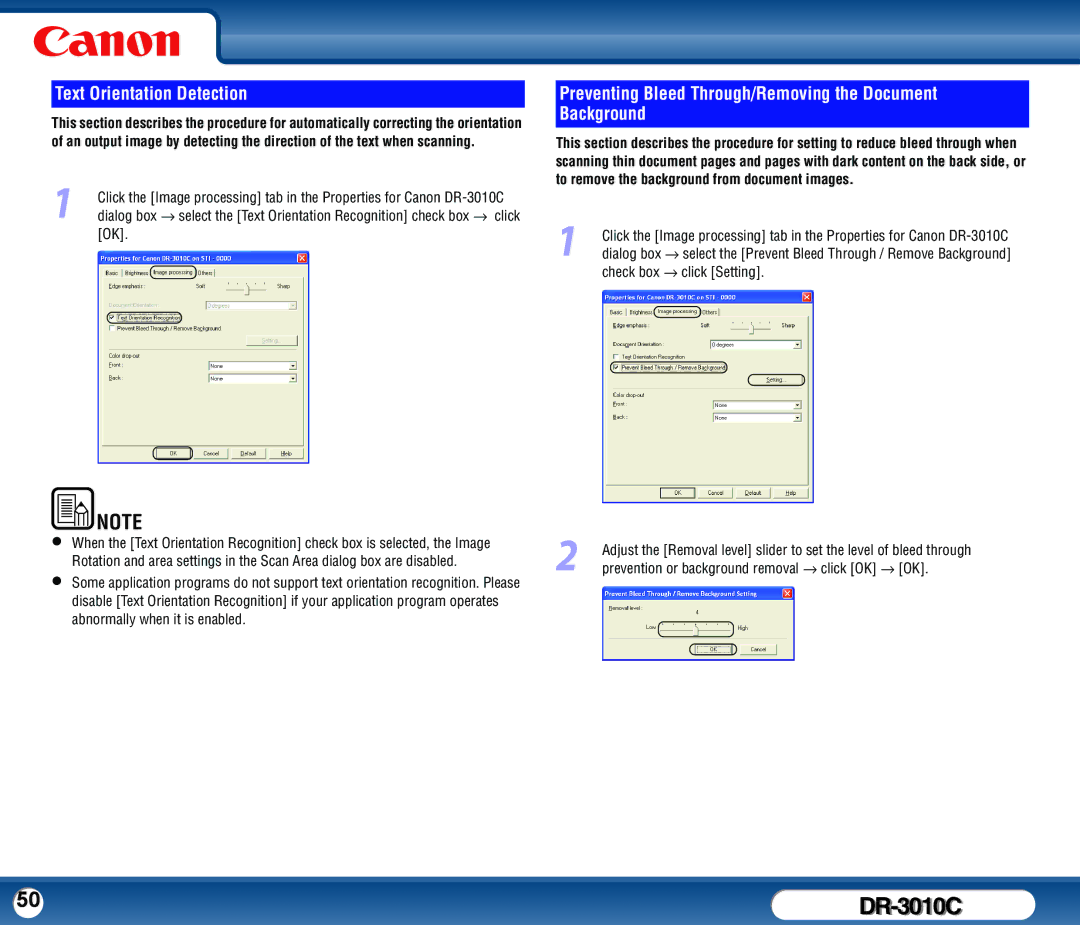 Canon DR-3010C user manual Text Orientation Detection, Preventing Bleed Through/Removing the Document Background 