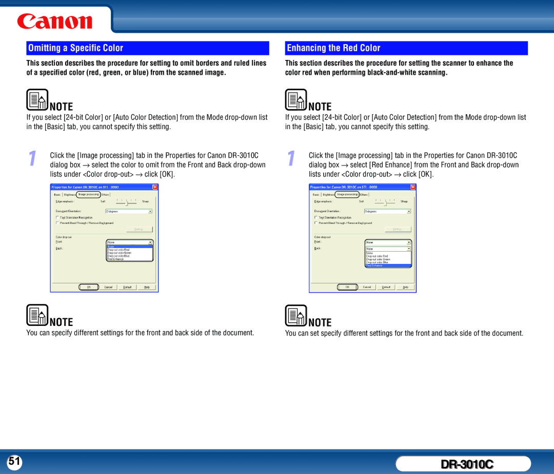 Canon DR-3010C user manual Omitting a Specific Color, Enhancing the Red Color 