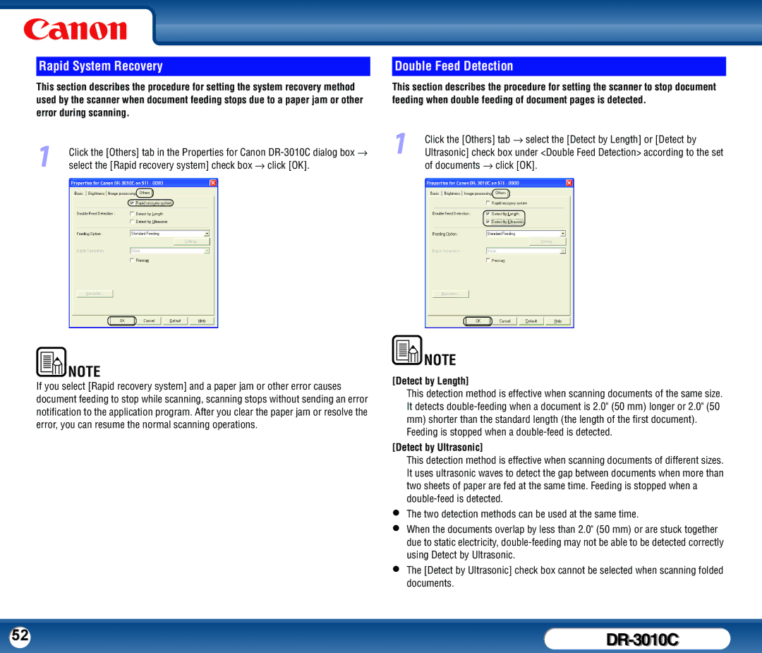 Canon DR-3010C user manual Rapid System Recovery, Double Feed Detection, Detect by Length 