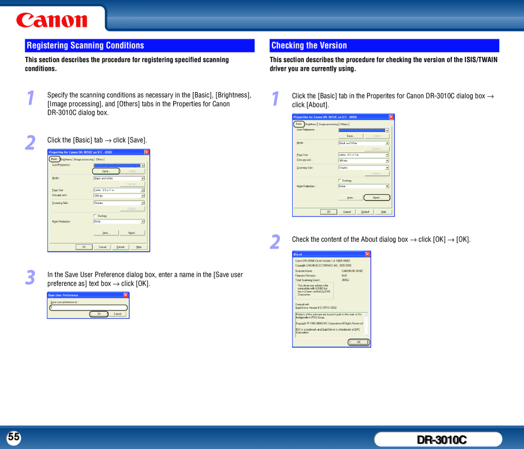 Canon DR-3010C user manual Registering Scanning Conditions, Checking the Version 