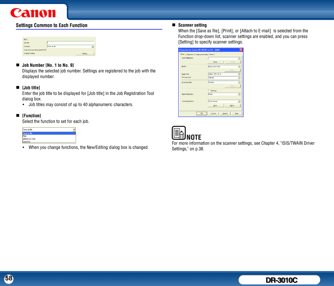 Canon DR-3010C Settings Common to Each Function, „ Job Number No to No, „ Job title, „ Function, „ Scanner setting 