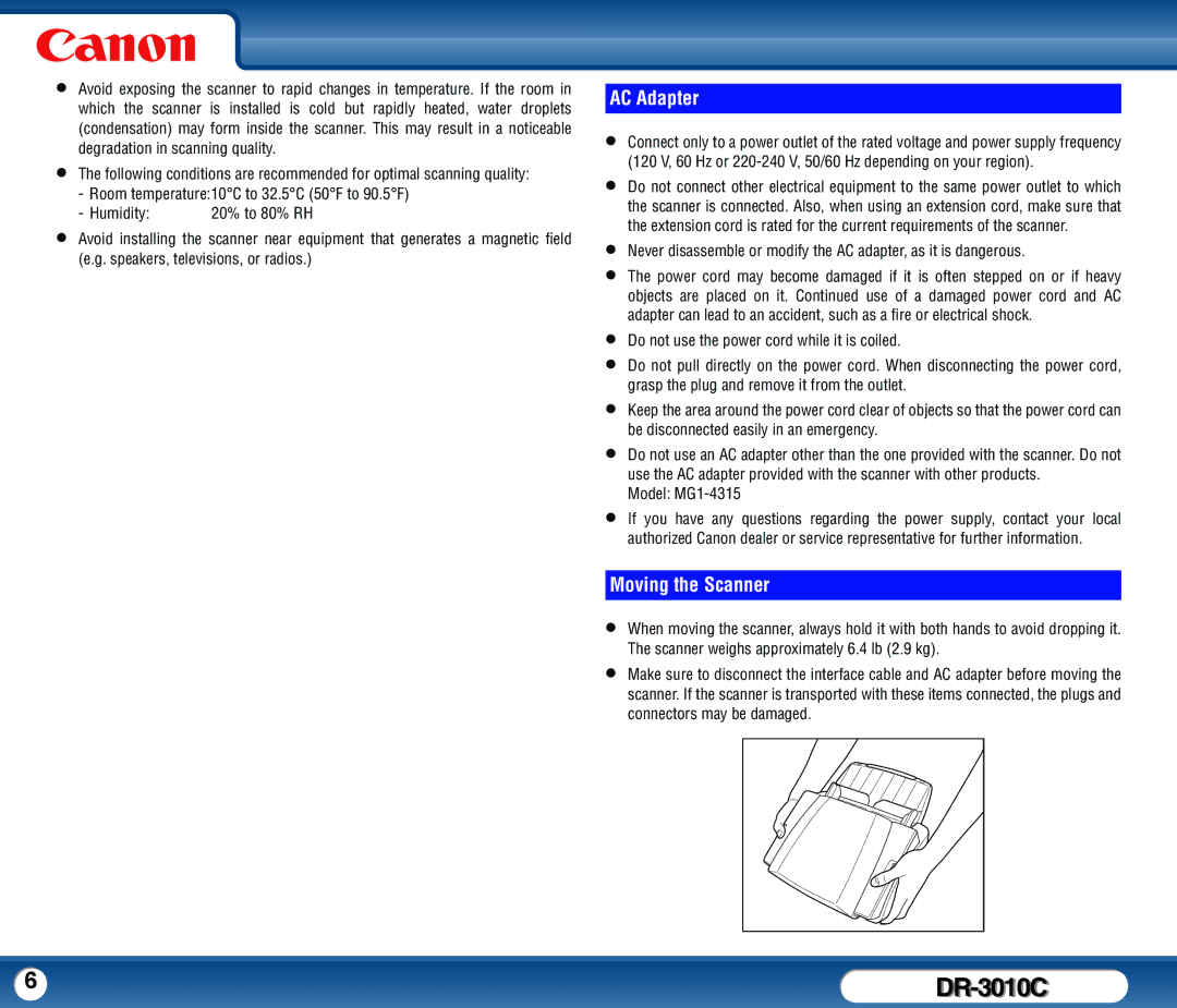 Canon DR-3010C user manual 20% to 80% RH 