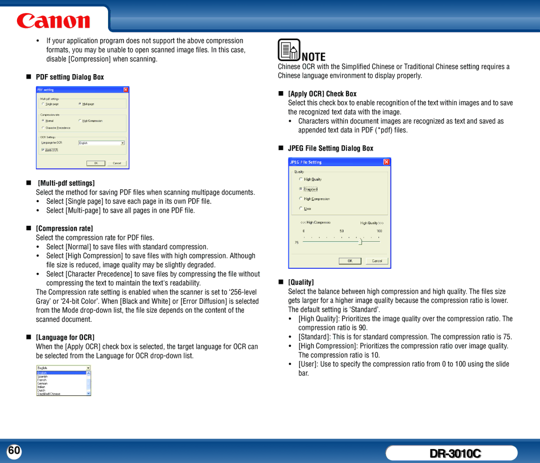 Canon DR-3010C user manual „ Compression rate, Select Normal to save files with standard compression, „ Language for OCR 