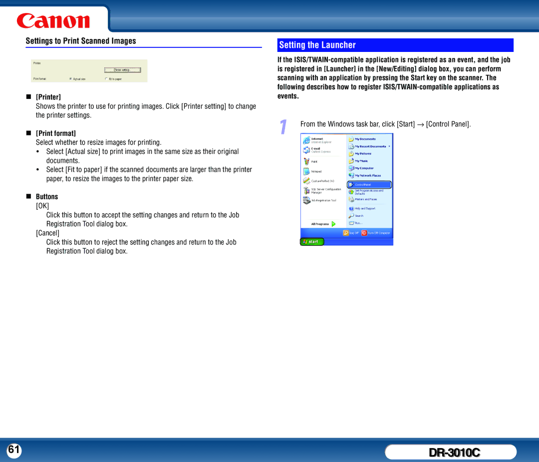 Canon DR-3010C user manual Setting the Launcher, Settings to Print Scanned Images, „ Printer, „ Print format 