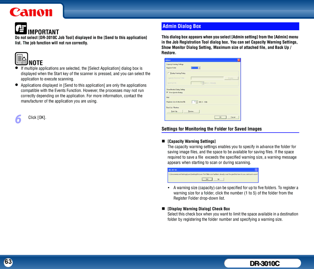 Canon DR-3010C user manual Admin Dialog Box, Settings for Monitoring the Folder for Saved Images, Click OK 