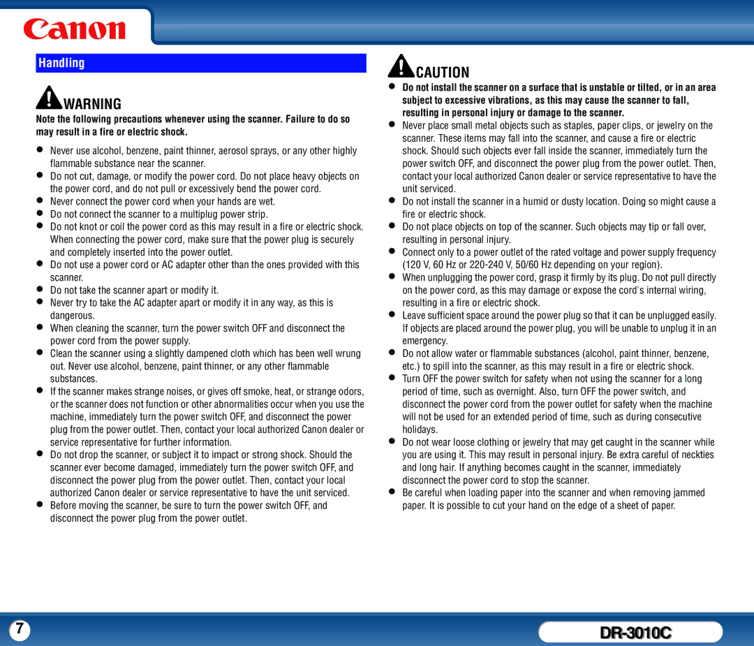 Canon DR-3010C user manual Handling 