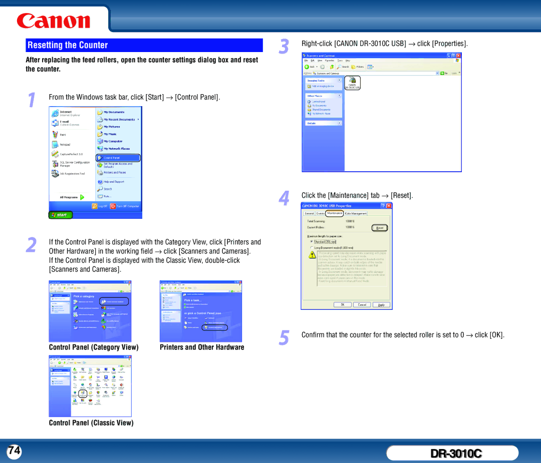 Canon DR-3010C user manual Resetting the Counter, Printers and Other Hardware 