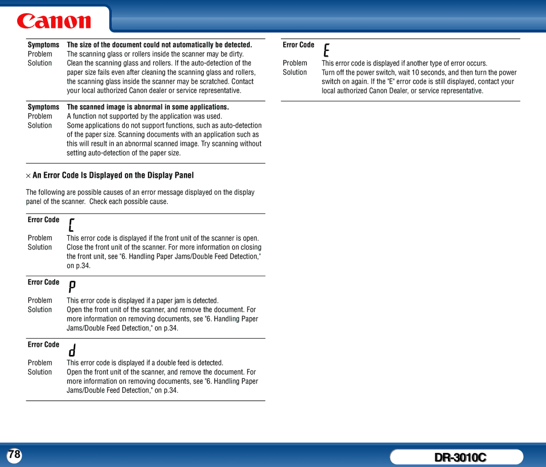 Canon DR-3010C ⋅ An Error Code Is Displayed on the Display Panel, Setting auto-detection of the paper size, On p.34 