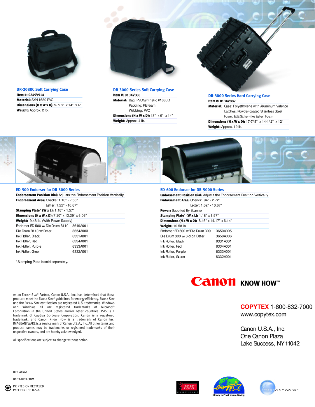 Canon DR-3080C, DR-3060 manual Copytex Canon U.S.A., Inc One Canon Plaza Lake Success, NY 