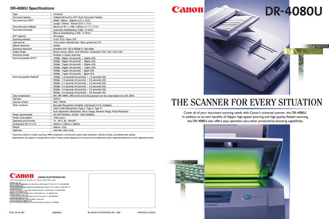 Canon specifications The Scanner For Every Situation, DR-4080U Specifications 