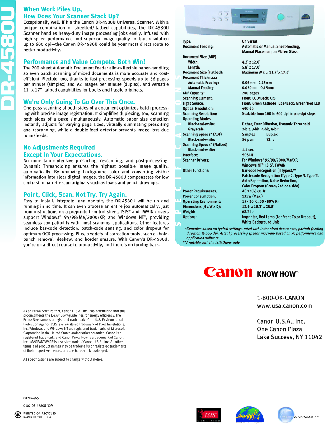 Canon DR-4580U manual When Work Piles Up How Does Your Scanner Stack Up?, Performance and Value Compete. Both Win 