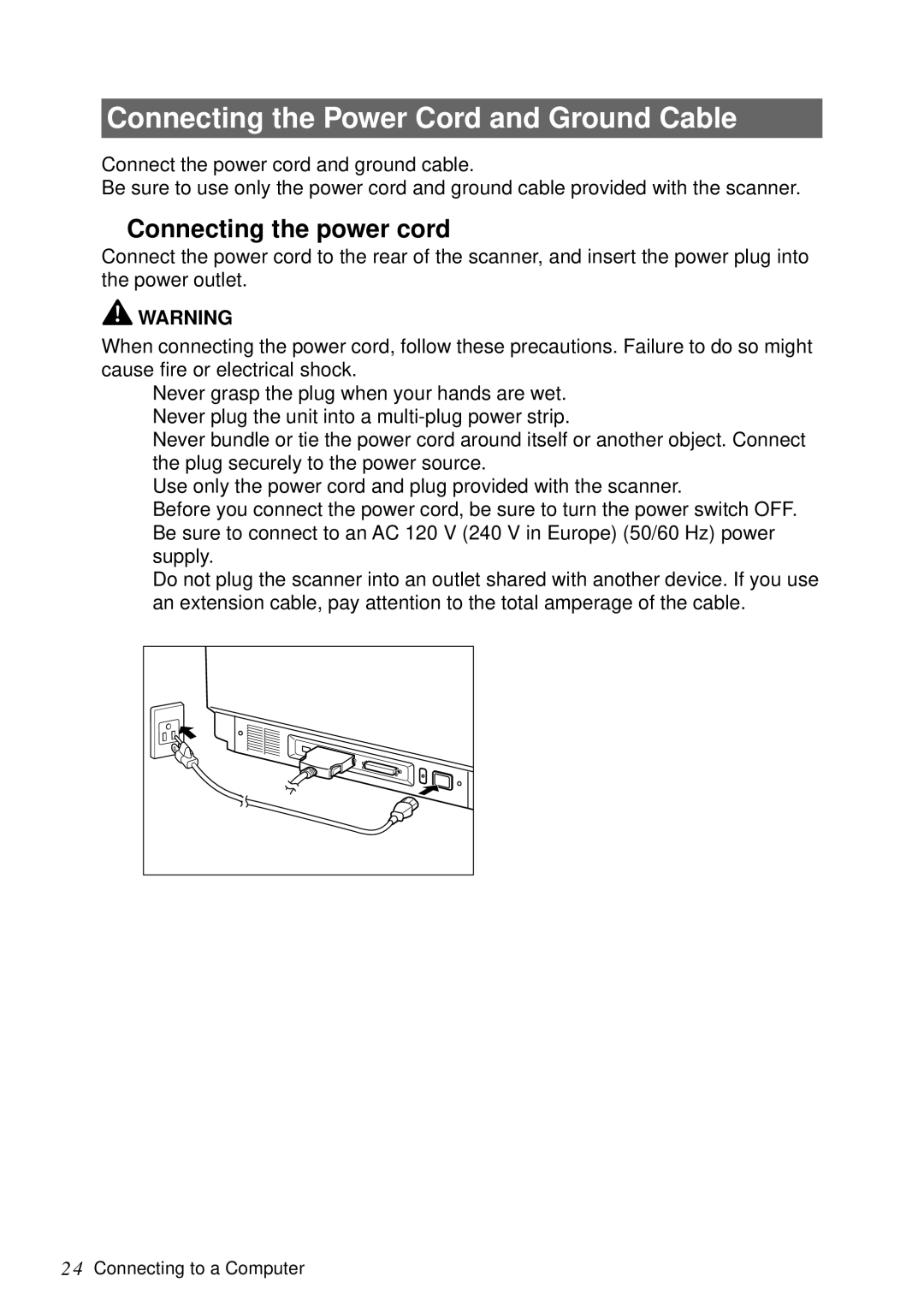 Canon DR-5060F manual Connecting the Power Cord and Ground Cable, Connecting the power cord 