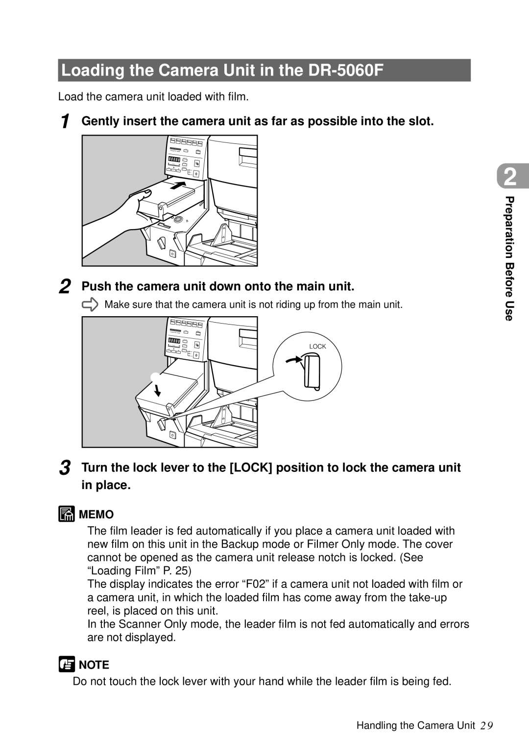 Canon manual Loading the Camera Unit in the DR-5060F, Push the camera unit down onto the main unit 