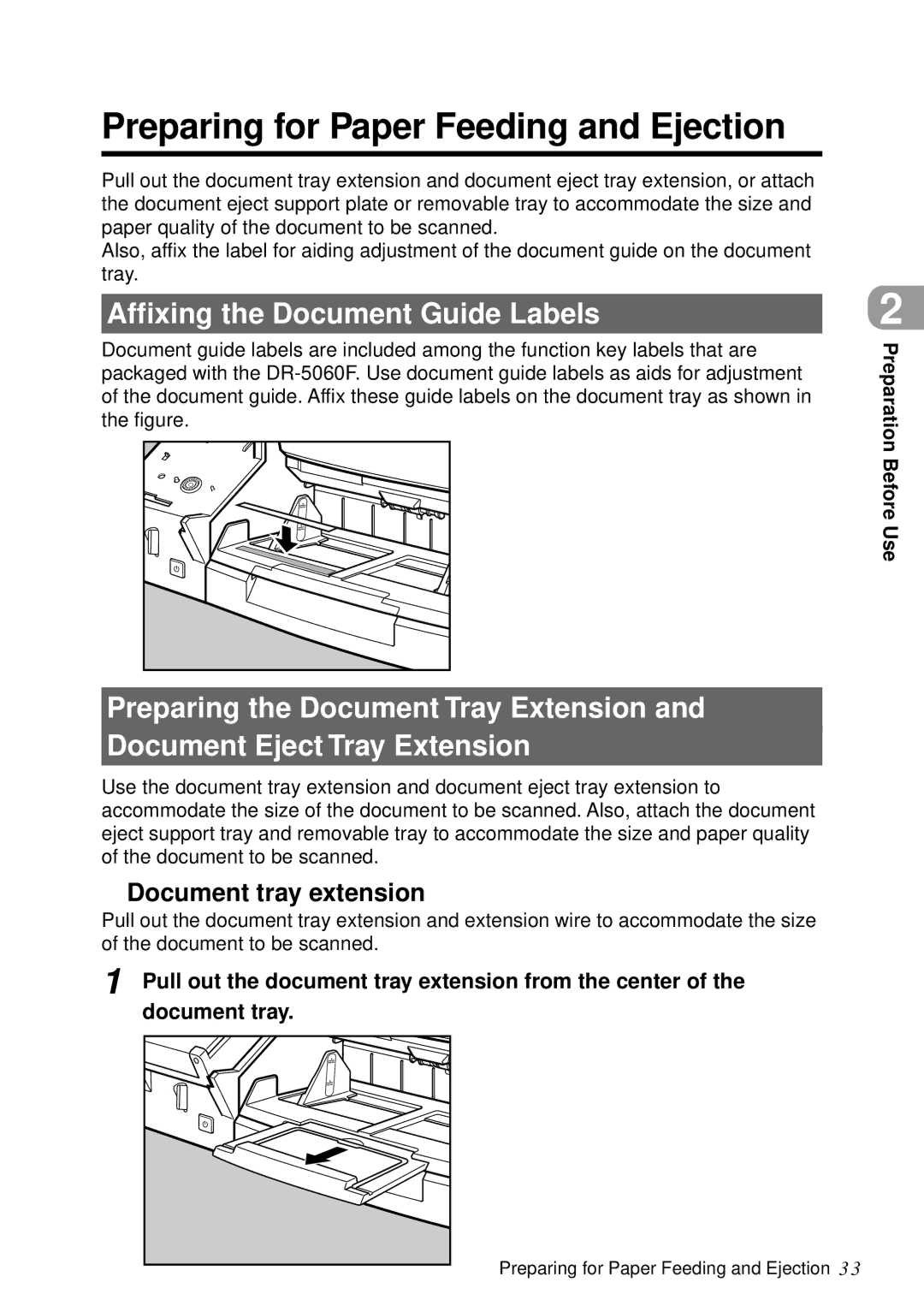 Canon DR-5060F manual Preparing for Paper Feeding and Ejection, Affixing the Document Guide Labels, Document tray extension 