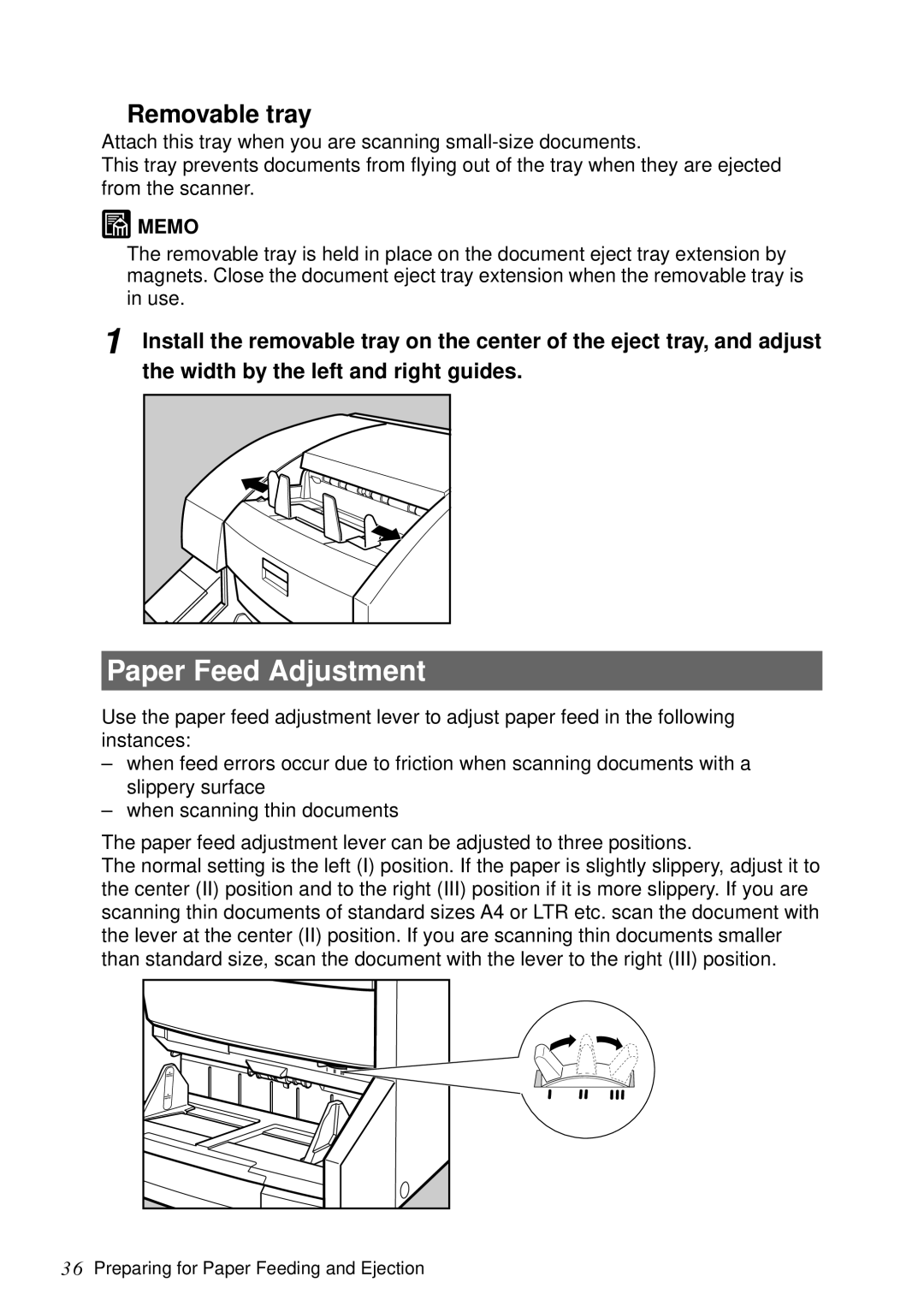 Canon DR-5060F manual Paper Feed Adjustment, Removable tray 