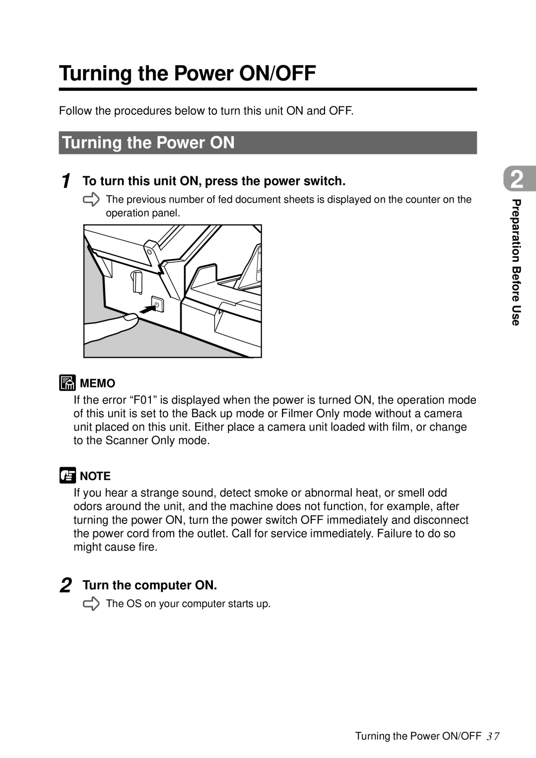 Canon DR-5060F manual Turning the Power ON/OFF, Turning the Power on, To turn this unit ON, press the power switch 