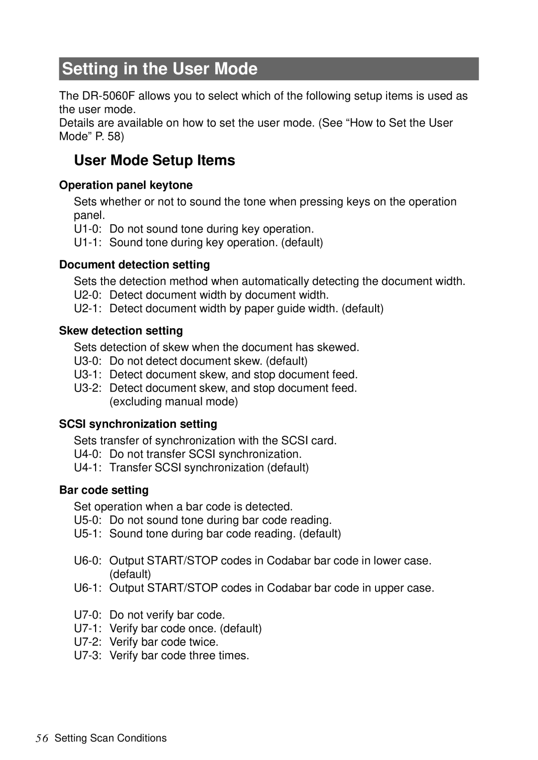 Canon DR-5060F manual Setting in the User Mode, User Mode Setup Items 