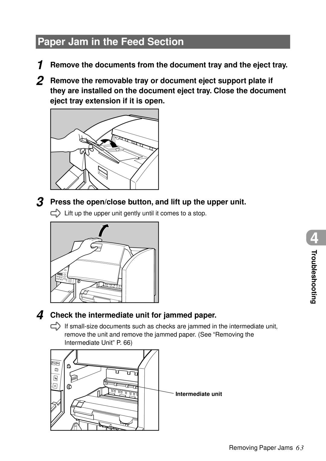 Canon DR-5060F manual Paper Jam in the Feed Section, Check the intermediate unit for jammed paper 
