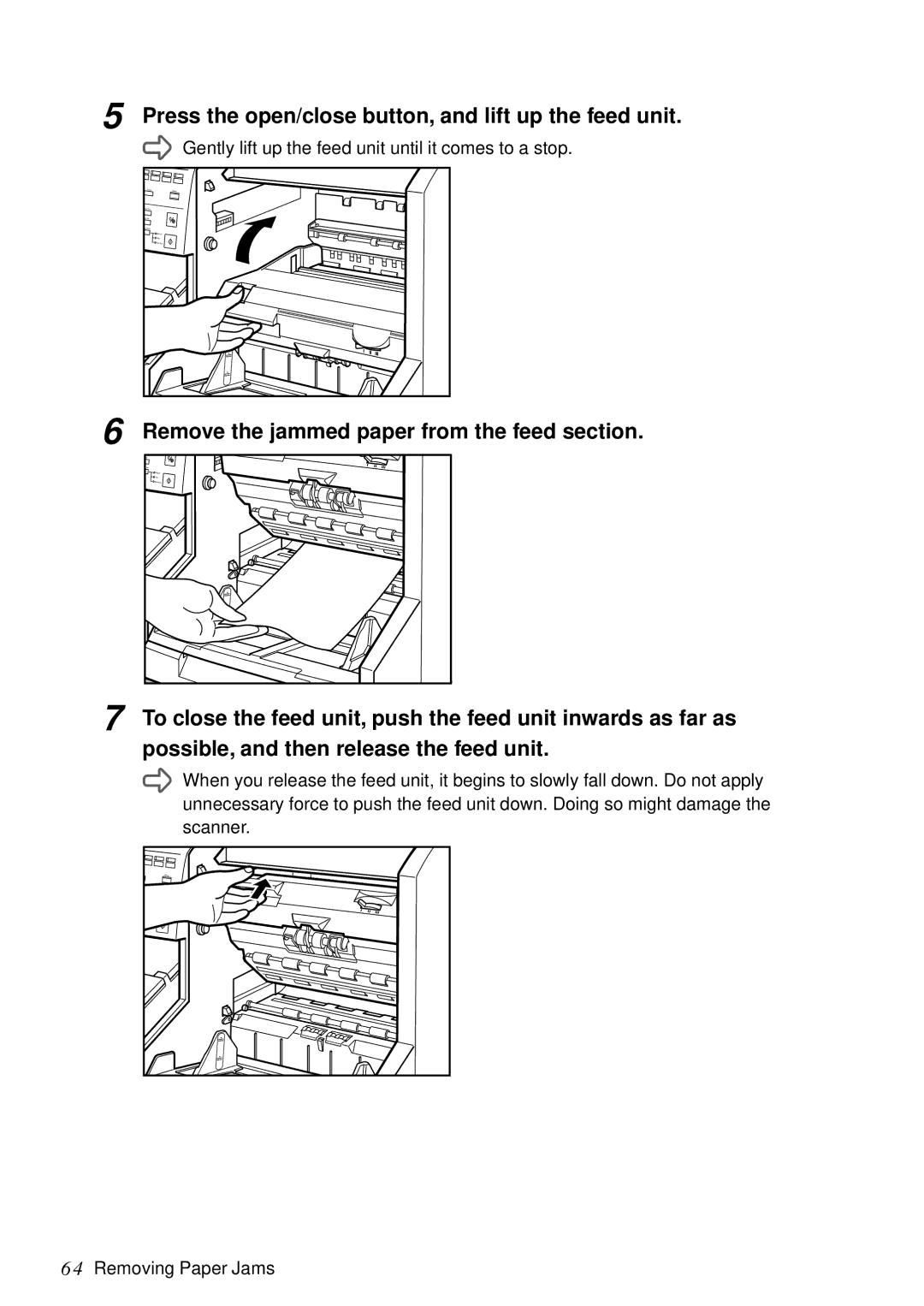 Canon DR-5060F manual Press the open/close button, and lift up the feed unit, Remove the jammed paper from the feed section 