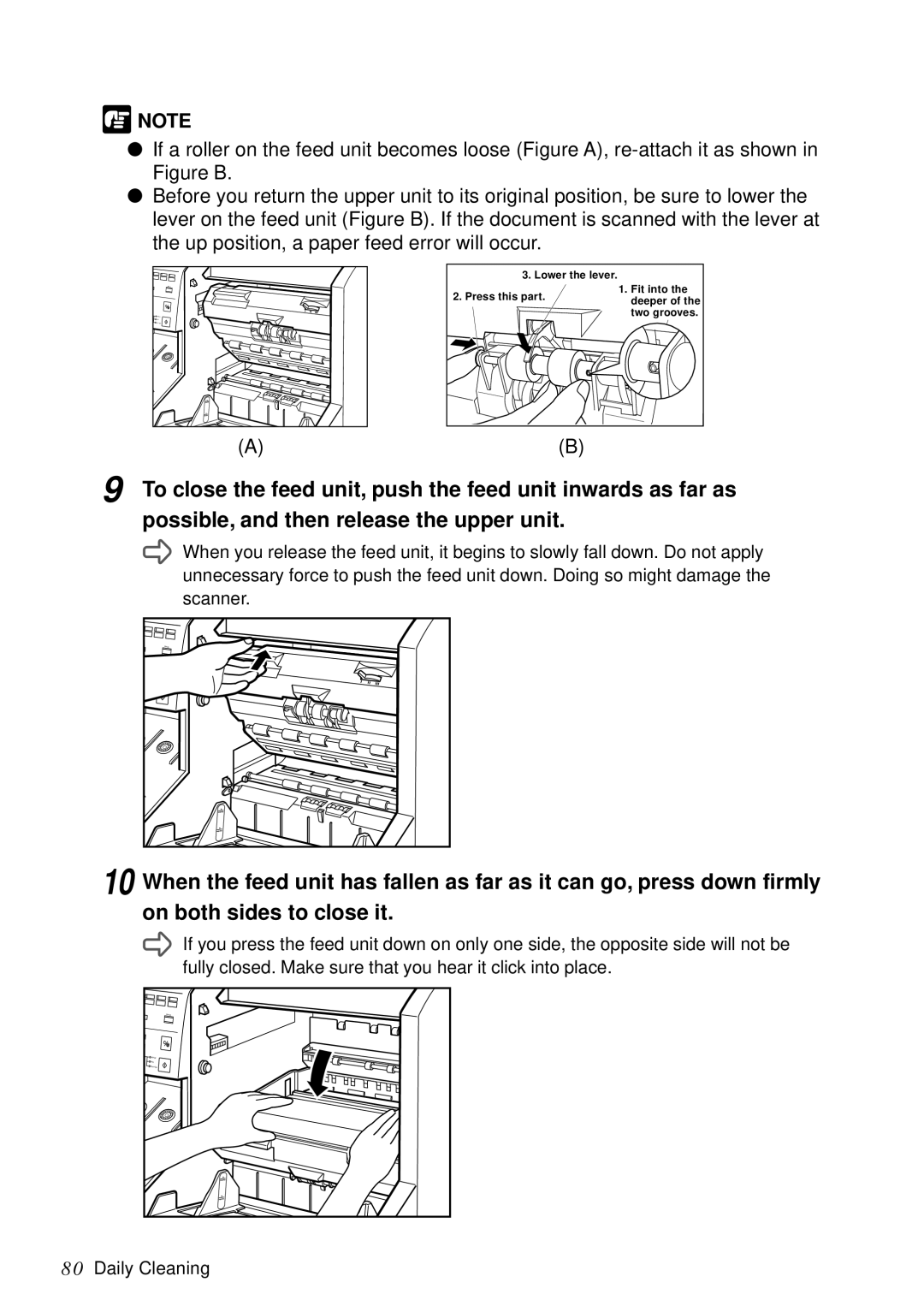 Canon DR-5060F manual Lower the lever Press this part Fit into Deeper Two grooves 