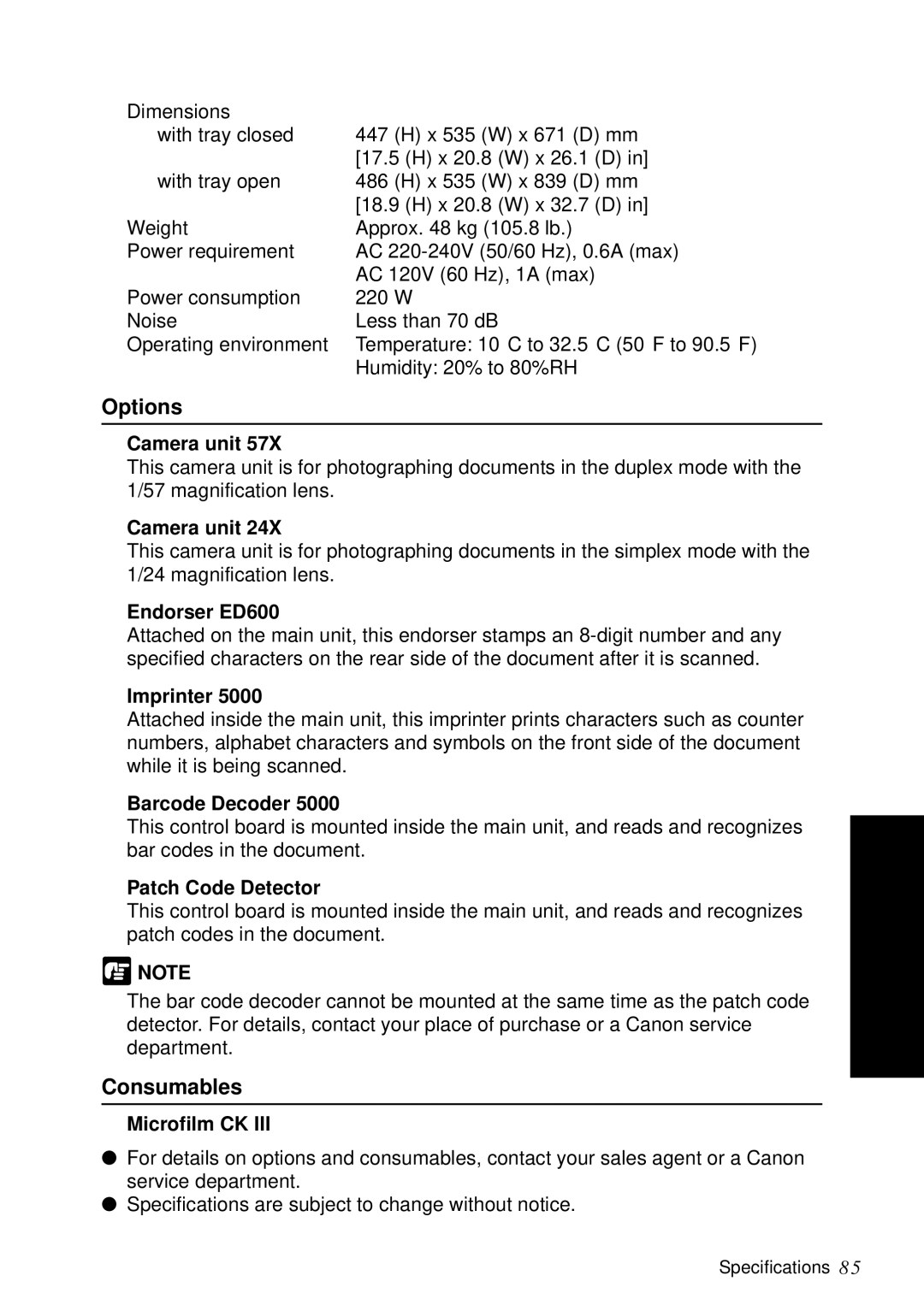 Canon DR-5060F manual Camera unit, Endorser ED600, Imprinter, Barcode Decoder, Patch Code Detector, Microfilm CK 