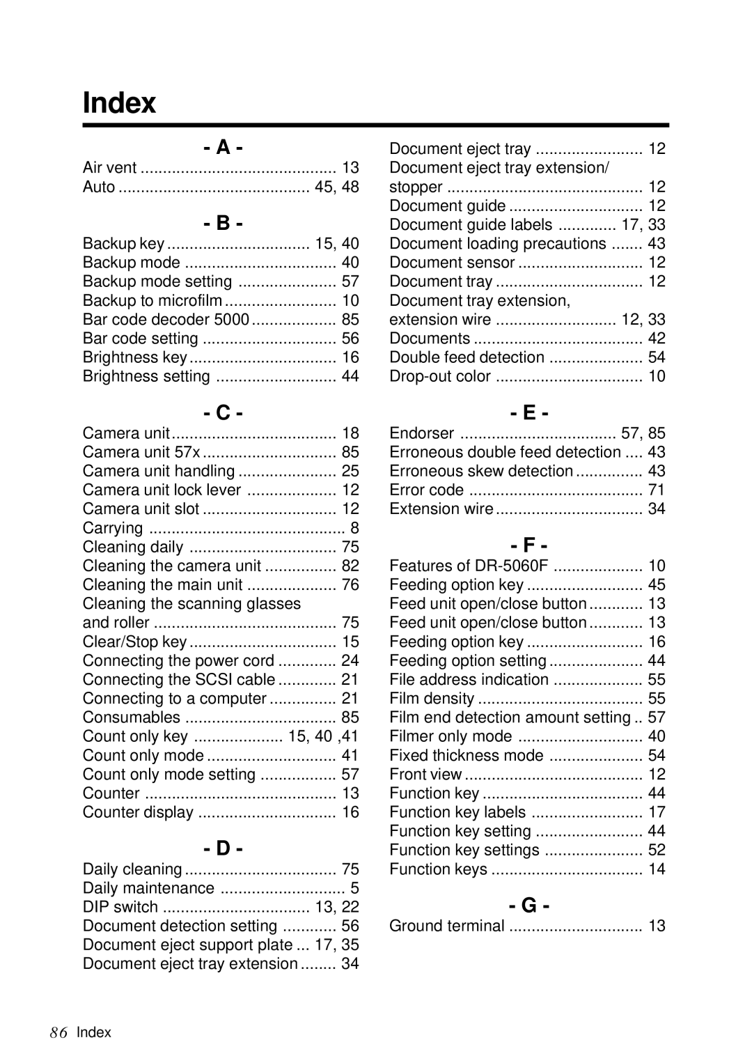 Canon DR-5060F manual Index, Auto Backup key 