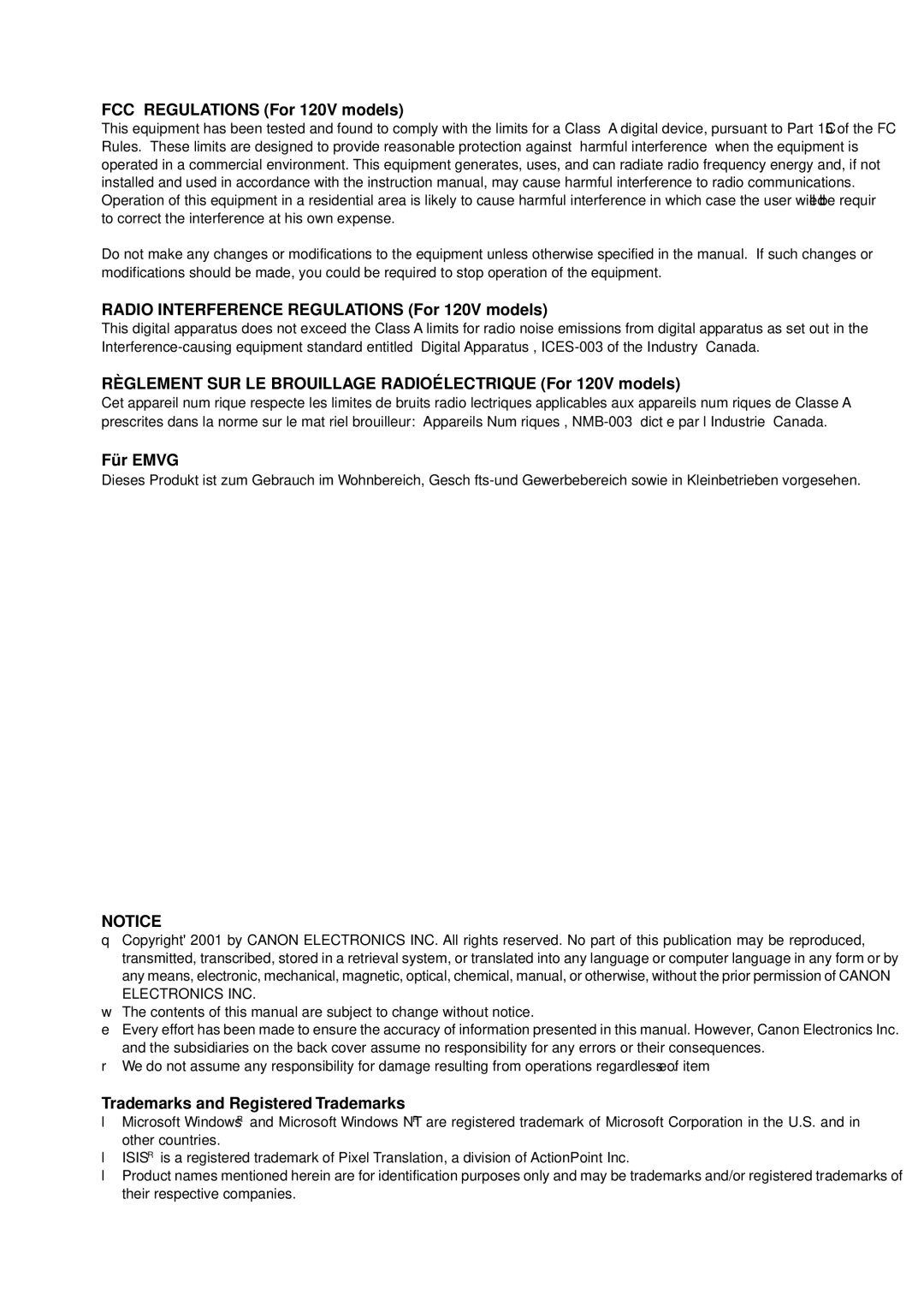 Canon DR-5060F manual FCC Regulations For 120V models 