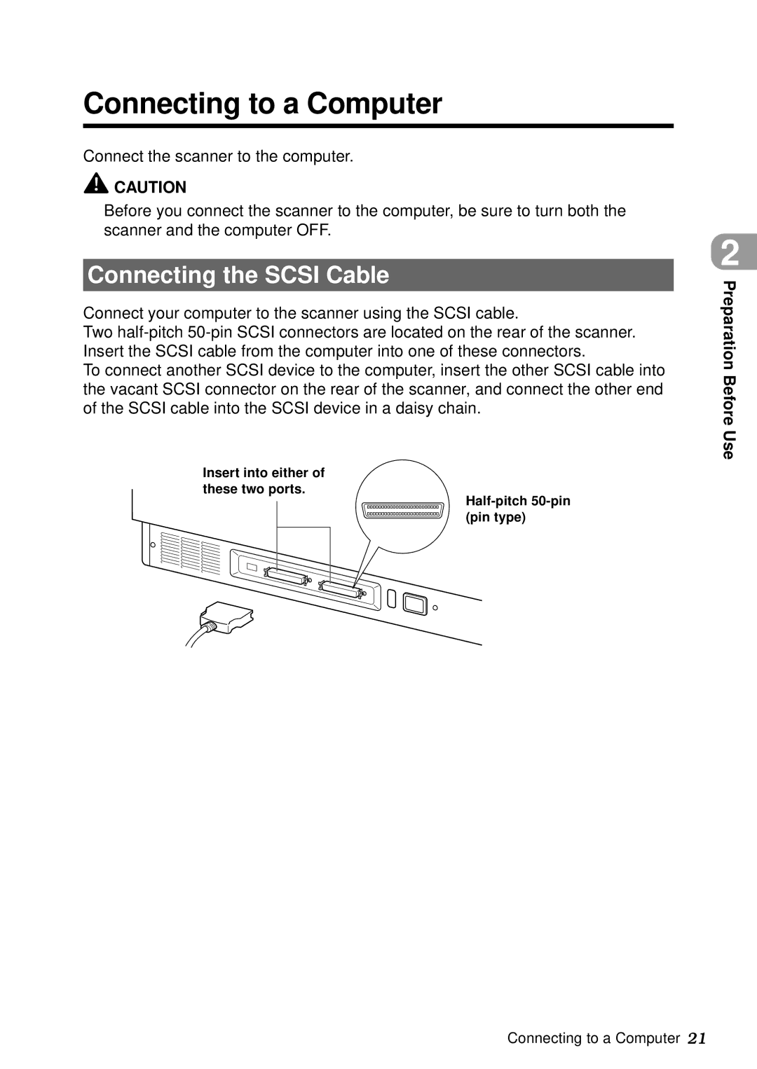 Canon DR-5060F manual Connecting to a Computer, Connecting the Scsi Cable, Preparation Before Use 