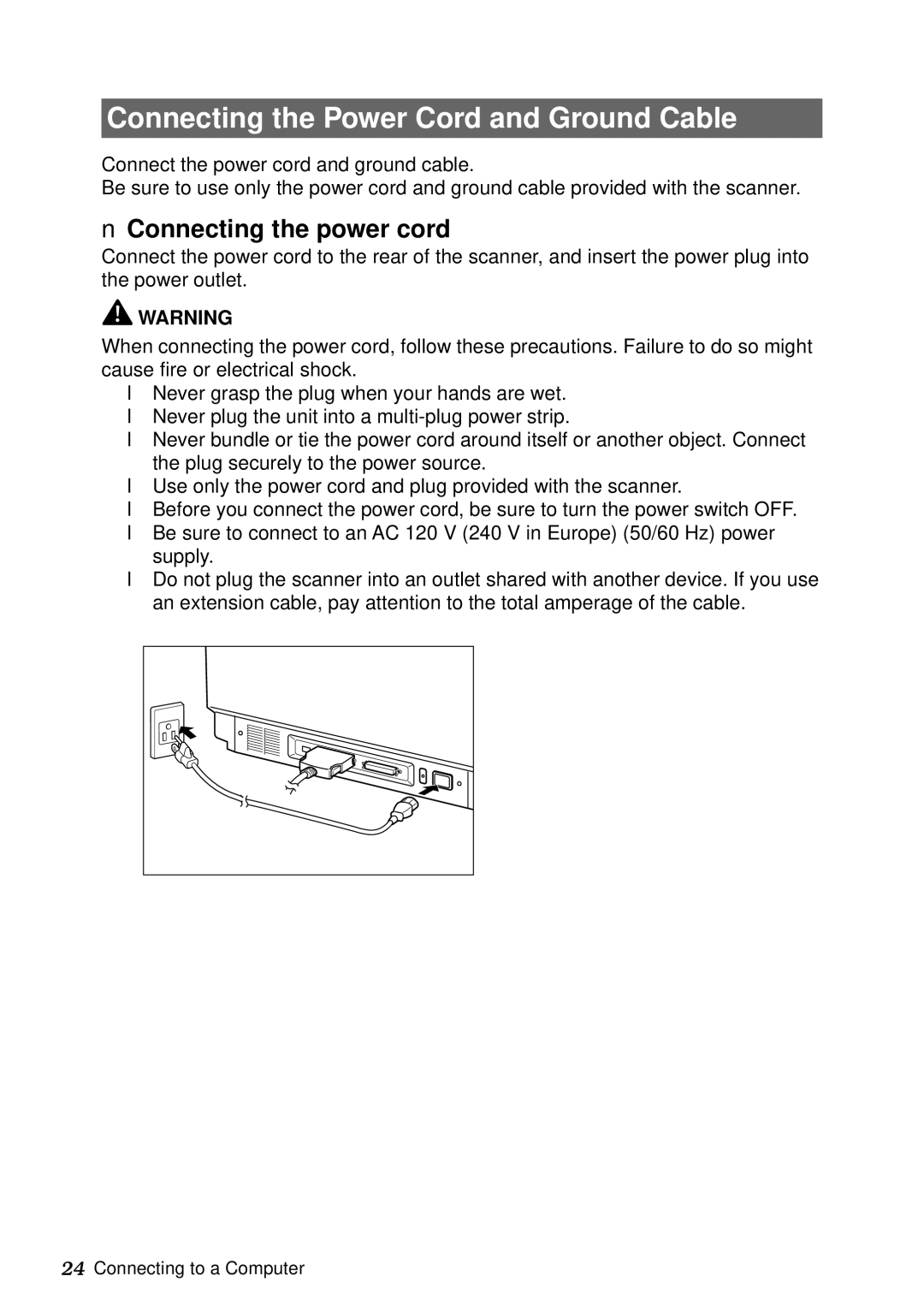 Canon DR-5060F manual Connecting the Power Cord and Ground Cable, Connecting the power cord 