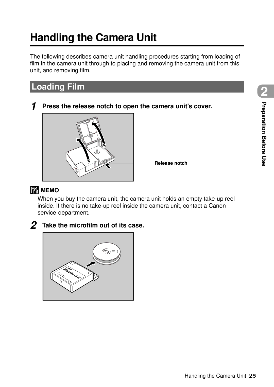 Canon DR-5060F manual Handling the Camera Unit, Loading Film, Press the release notch to open the camera unit’s cover 