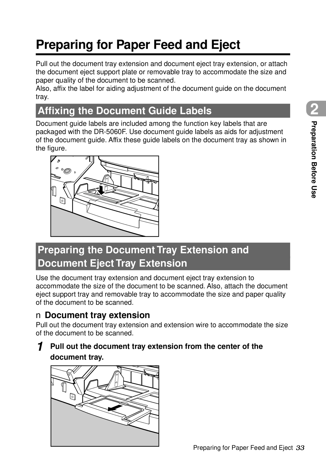 Canon DR-5060F manual Preparing for Paper Feed and Eject, Affixing the Document Guide Labels, Document tray extension 