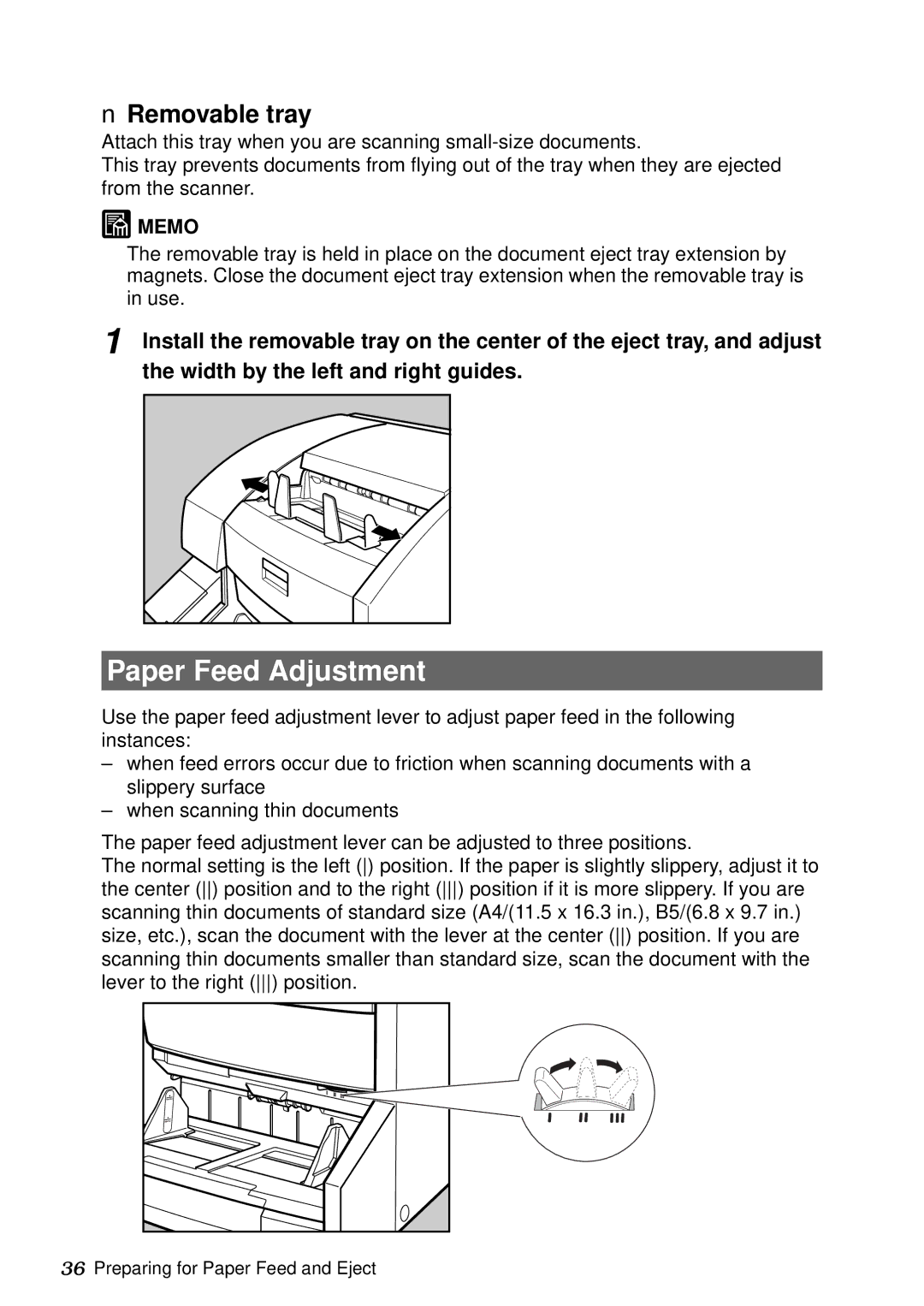 Canon DR-5060F manual Paper Feed Adjustment, Removable tray 