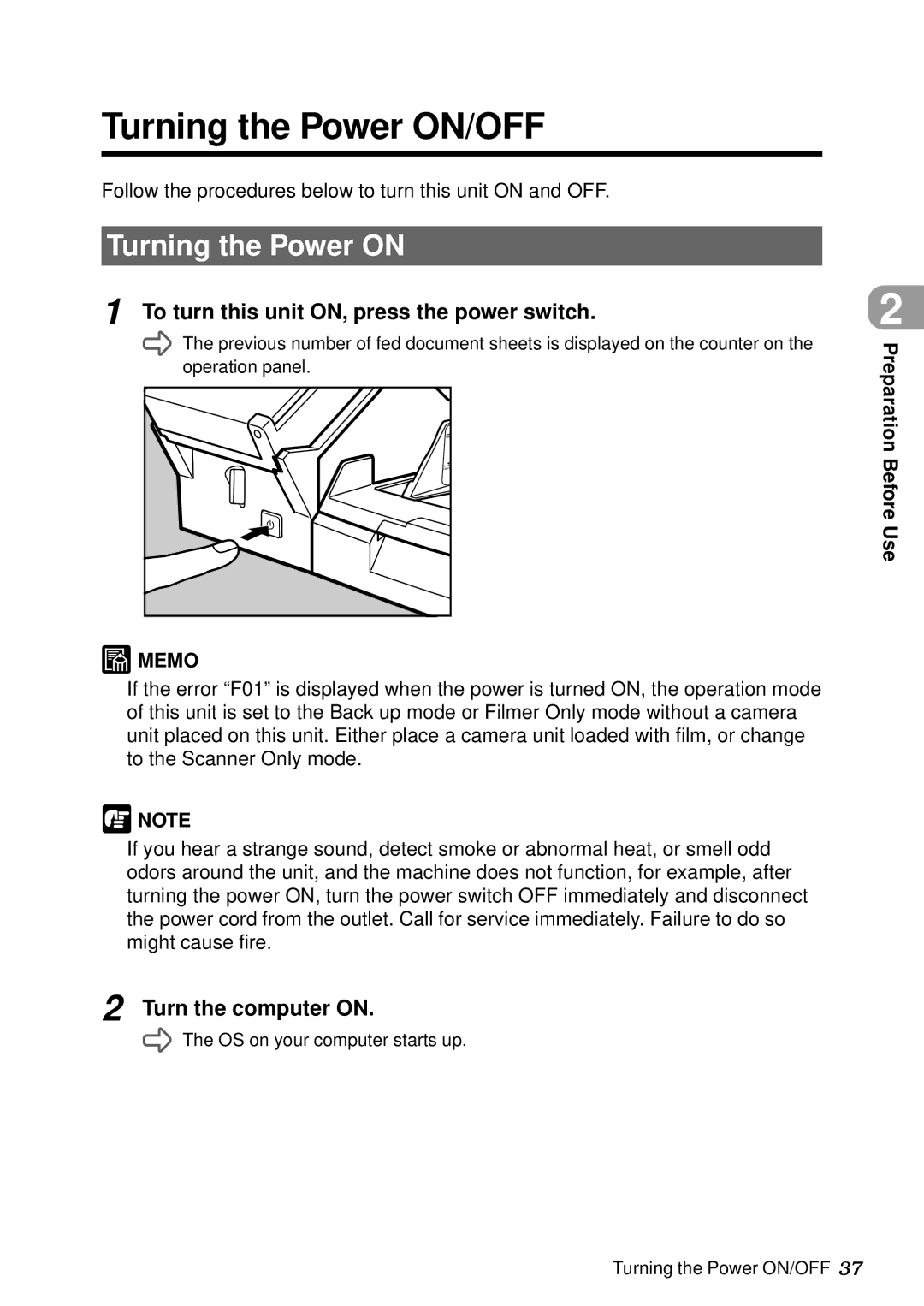 Canon DR-5060F manual Turning the Power ON/OFF, Turning the Power on, To turn this unit ON, press the power switch 