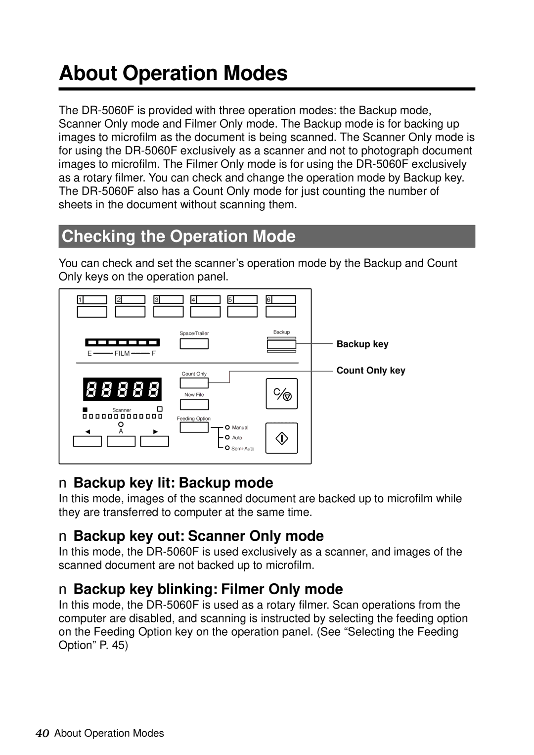 Canon DR-5060F manual About Operation Modes, Checking the Operation Mode, Backup key lit Backup mode 