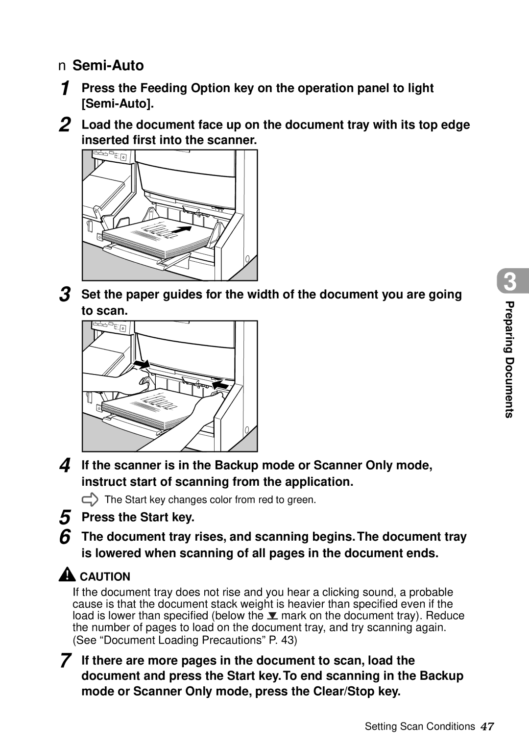 Canon DR-5060F manual Semi-Auto, Inserted first into the scanner, Press the Start key 