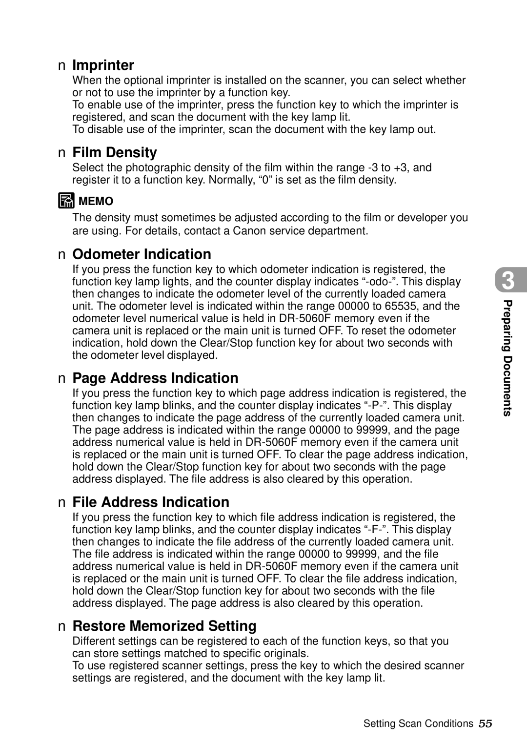 Canon DR-5060F manual Imprinter, Film Density, Odometer Indication, File Address Indication, Restore Memorized Setting 