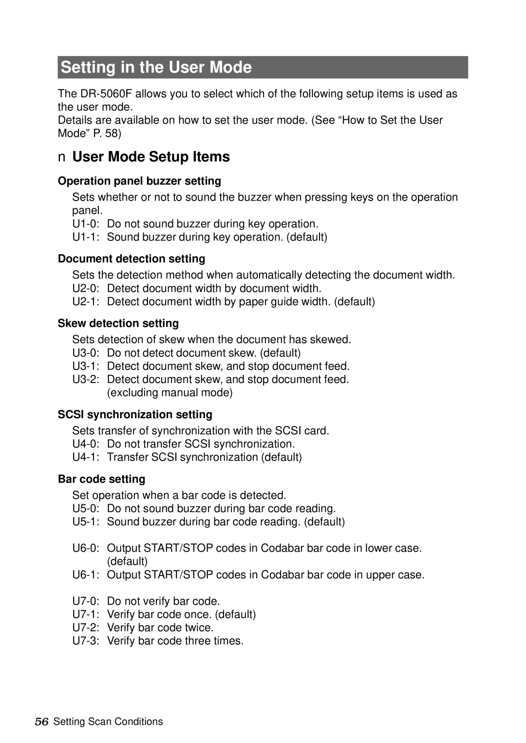 Canon DR-5060F manual Setting in the User Mode, User Mode Setup Items 