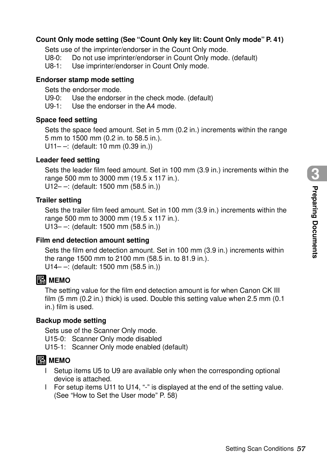 Canon DR-5060F Endorser stamp mode setting, Space feed setting, Leader feed setting, Trailer setting, Backup mode setting 