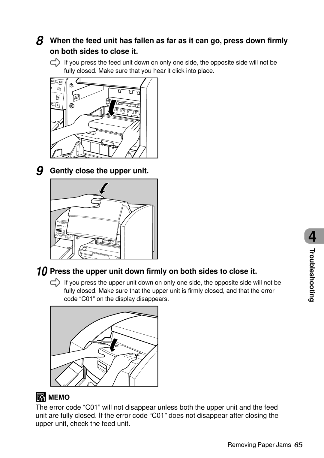 Canon DR-5060F manual Gently close the upper unit, Press the upper unit down firmly on both sides to close it 