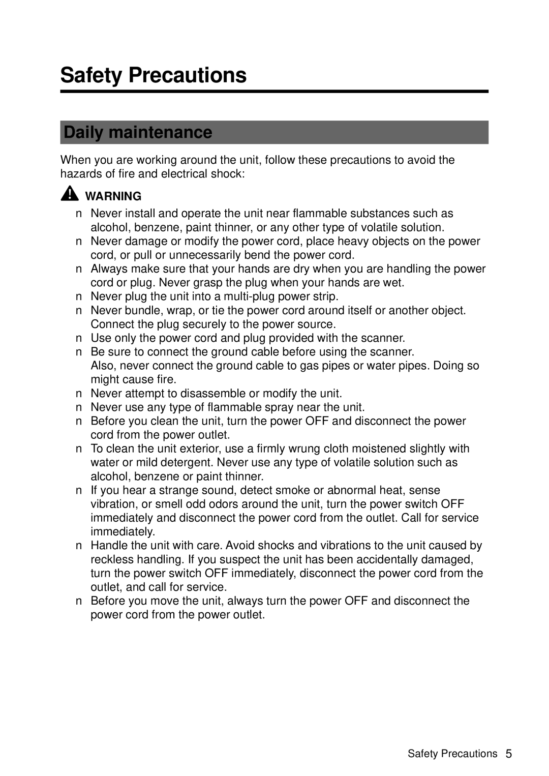 Canon DR-5060F manual Safety Precautions, Daily maintenance 