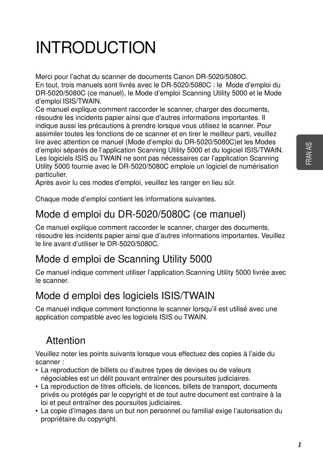 Canon DR-5080C manual Mode d’emploi du DR-5020/5080C ce manuel, Mode d’emploi de Scanning Utility 