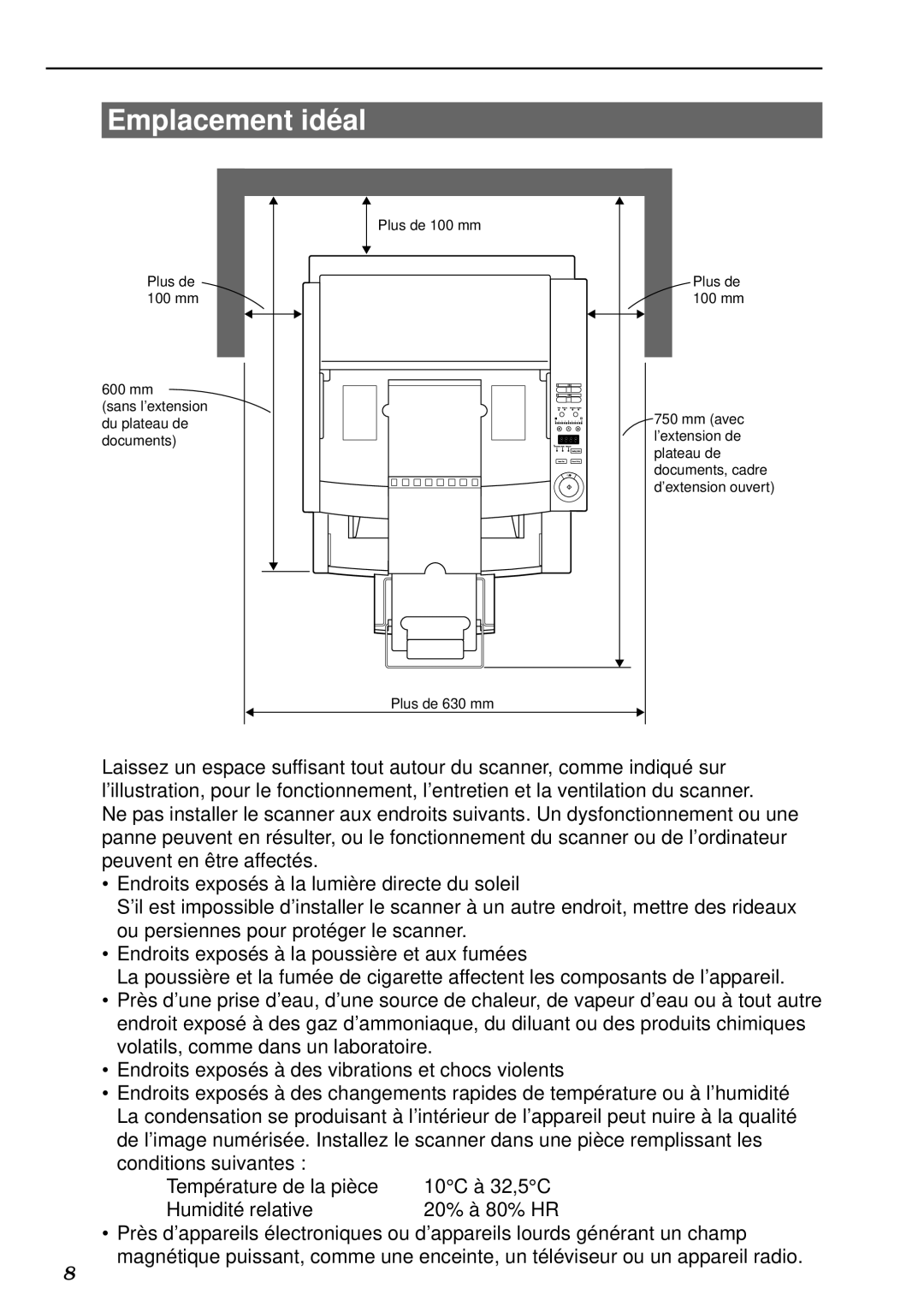 Canon DR-5020, DR-5080C manual Emplacement idé al, Température de la pièce 